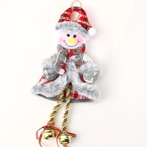 Plush snowman Christmas ornament with red plaid fabric, long legs and golden bells