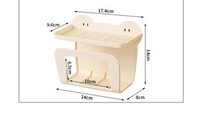 Detailed dimensions of beige wall-mounted tissue box with storage shelf and hooks
