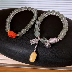S925 silver green phantom bead bracelet with lotus pendant and amber waterdrop charm