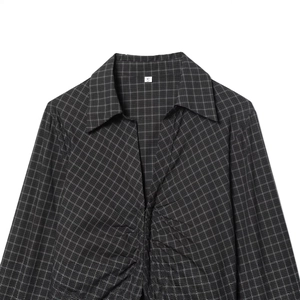 Slim fit plaid long sleeve shirt for women featuring a ruched waist and classic collar