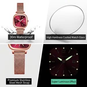 Women's rose gold square watch with red dial, date, luminous hands and mesh strap