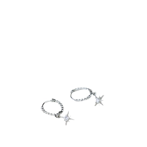 Minimalist silver beaded hoop earrings with zircon star pendants on a clean white background