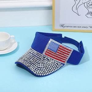 Detail of dark blue sun visor with silver rhinestones and American flag crystal pattern