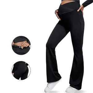 Maternity Yoga Pants Polyester Elastane Cross Over Belly Support High Waist Butt Lifting Slim Fit Flare Bootcut Leggings