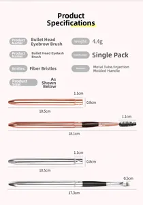 Detail of portable bullet-style eyebrow brush and mascara wand with size dimensions