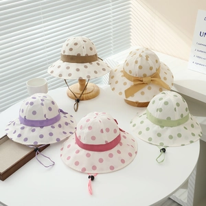 Polka dot wide brim kids sun hats with bows in five assorted pastel colors for girls