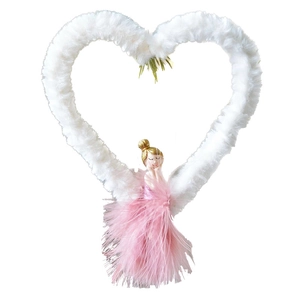 Plush Christmas angel tree ornament with white heart frame and pink feather skirt