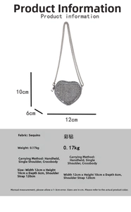 Detailed size specifications for a sparkling heart-shaped rhinestone mini chain bag