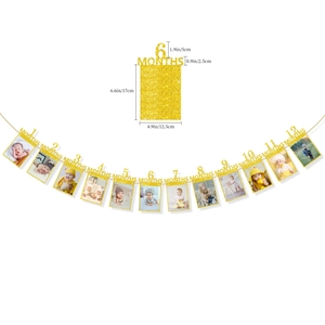 Glitter gold 1-12 month baby photo banner with detailed card size measurements
