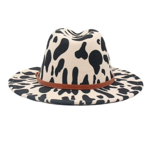Classic cow print wool fedora hat with wide brim and adjustable brown leather belt