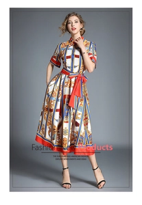 Detail of vintage striped print dress with high waist red belt and decorative patterns