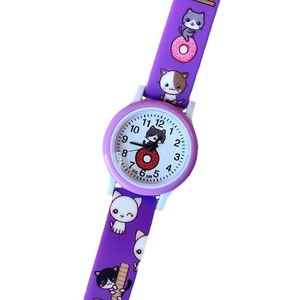 Kids purple quartz watch with cute cartoon cat and donut print on soft strap