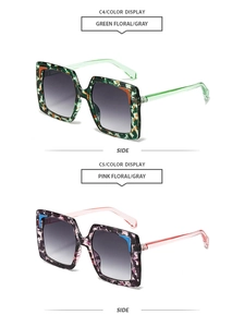 Detailed side view of square oversized sunglasses in green and pink floral frames