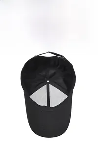 Detail view of the breathable mesh lining and adjustable metal buckle on the black baseball cap