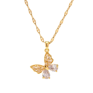 Collier papillon en acier titane plaqué or 18K avec pendentif en zircon brillant