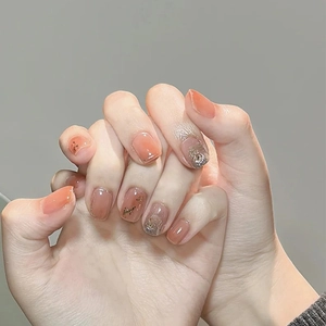 Pink Blush Heart Press On Nails With Glue Glitter Short Square Round Glossy Artificial Fingernails