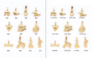 Detailed size chart for 18K gold plated animal pendants including elephant and horse