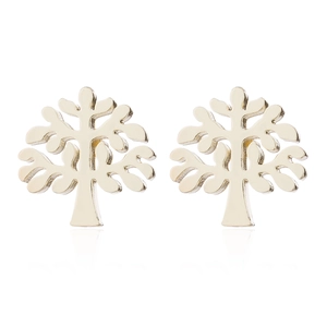 Detailed view of gold tree of life stud earrings with polished metal finish