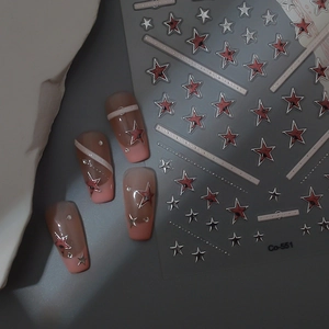 3D star nail art stickers with metallic silver outlines and star patterns model Co-551
