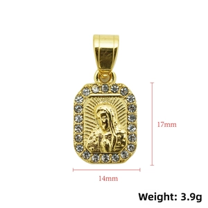 Detail of 14x17mm gold Virgin Mary pendant with cubic zirconia edge showing weight 3.9g
