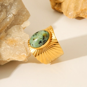 French vintage gold-plated wide ring with oval green turquoise and ribbed texture
