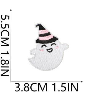 Detail of cute ghost embroidery patch with wizard hat and specific size dimensions