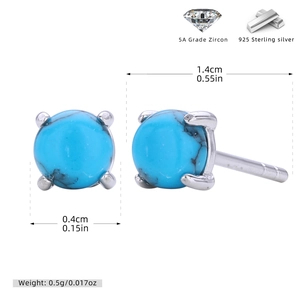 Technical drawing showing 925 silver turquoise stud dimensions and four-prong setting detail