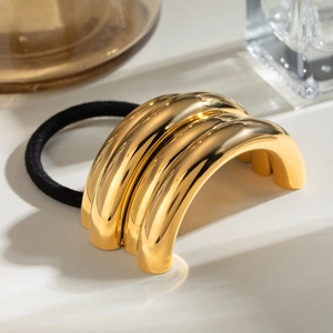 18k gold plated stainless steel hair tie with a minimalist triple-arch metal ornament