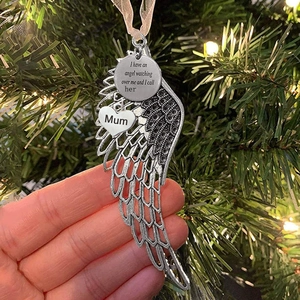 Memorial Angel Wings Hanging Ornament Alloy Metal Heart Tag Inscribed Christmas Tree Decoration Vintage Retro Silver Tone