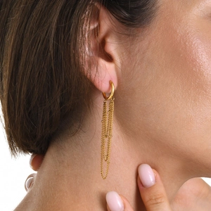 Elegant gold-plated triple layer beaded chain tassel drop earrings on female model