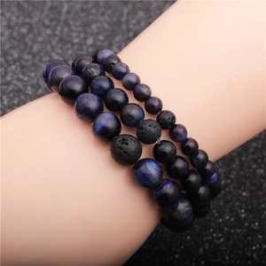 Natural Blue Tiger Eye Beaded Bracelet With Black Lava Volcanic Stone Healing Energy Jewelry For Men Women