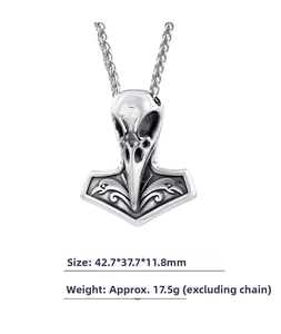 Detail of Viking raven skull Mjolnir pendant with measurements 42.7x37.7x11.8mm