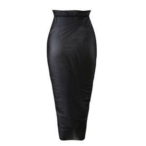 Detail of sheer black high-waisted maxi skirt with side ruching and slim fit mesh fabric