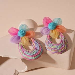 Handcrafted colorful woven lace flower earrings with raffia U-shaped fringe pendants