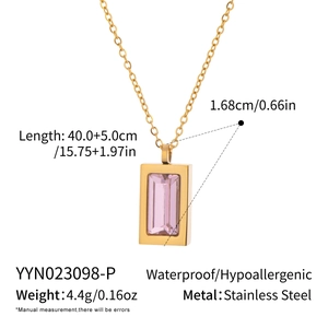 Detail of pink zircon pendant on gold stainless steel chain showing 40cm size specs
