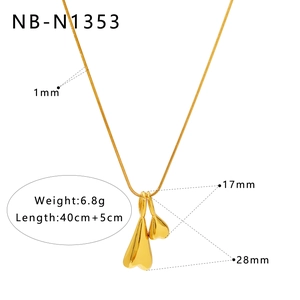 Detail of 1mm snake chain with dimensions for 18K gold-plated double heart necklace