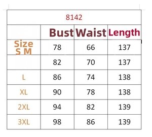 Detailed size chart for leaf print maxi dress showing measurements for S up to 3XL sizes