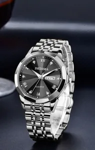 Macro shot of luxury men's watch dial with diamond markers and dual date window