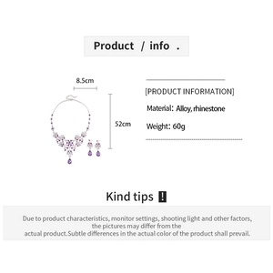 Detailed spec sheet showing purple crystal butterfly jewelry set dimensions and materials