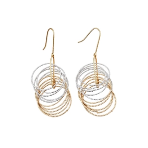 Multilayered gold and silver tiered circular tassel drop earrings with textured finish