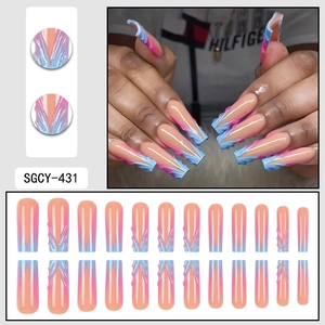 3D French gradient press-on nails in pink and blue with wavy texture long coffin shape