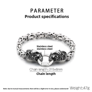 Detailed view of silver lion head stainless steel bracelet with dimensions 215x6mm