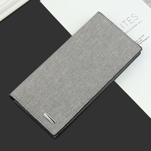 Detail of grey men's long wallet with cross texture fabric and sleek metal bar buckle
