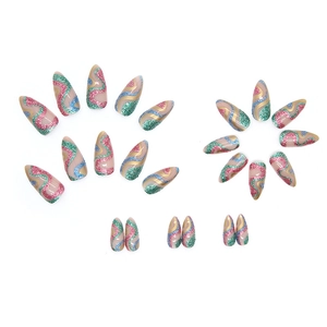 Sparkly almond press-on nails with colorful snake wave glitter patterns on pink base