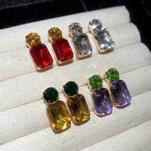 Geometric Round Square Crystal Stud Earrings With Silver Earring Post Retro Trendy Accessory For Women