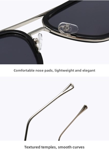 Detail of metal bridge and soft silicone nose pads on square aviator sunglasses