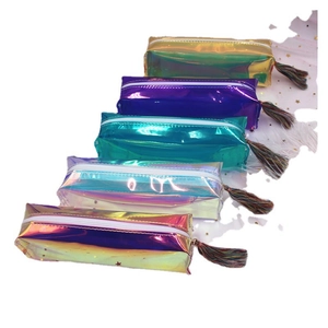 Set of five colorful laser transparent pencil cases with decorative tassels and zippers
