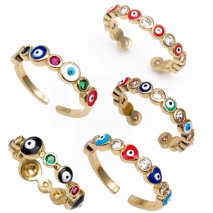 Evil Eye Copper Ring 18K Gold Plated Micro Set Zircon Enamel Open Adjustable Finger Jewelry Bohemia Style For Women