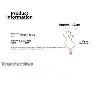 Detailed view showing dimensions and materials of the pink teardrop rhinestone necklace set