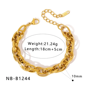 Detail of 10mm wide gold-plated stainless steel chain bracelet with textured oval links